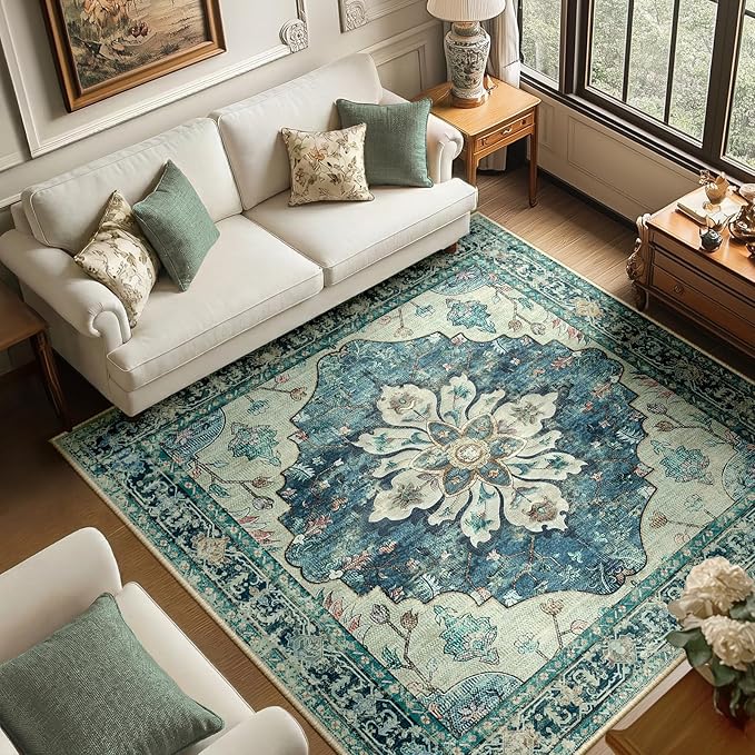 RELEANY Area Rugs Square 6ft Washable Non-Slip, Floral Vintage Distress Medallion Carpet for Living Room Bedroom Dining Room, Dark Blue Vintage