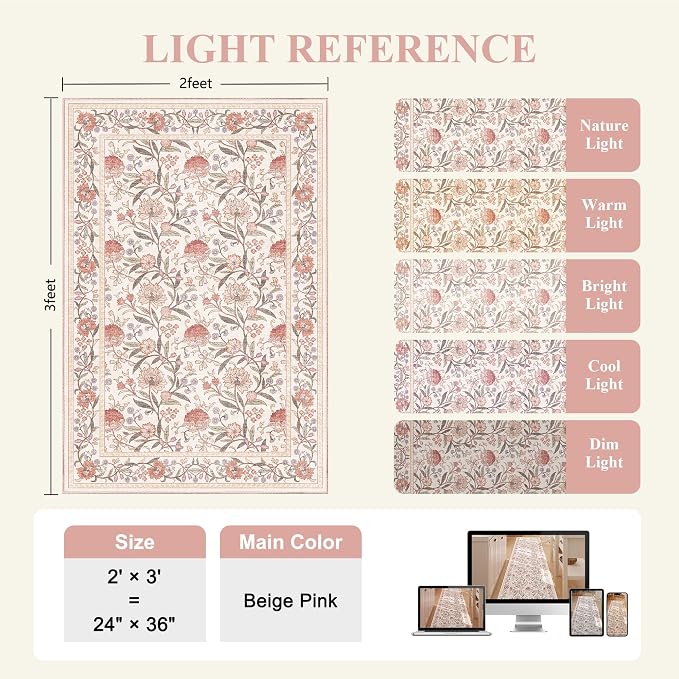 DUKINO 2x3 Rug, Washable Vintage Floral Bathroom Rugs Non Slip, Beige Pink | Low Pile, Stain Resistant Boho Soft Indoor Door Mat, Small Front Door Carpet for Entryway Kitchen Laundry Bedroom Farmhouse