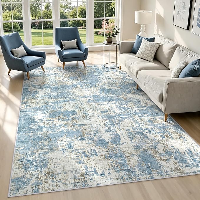 6x9 Area Rugs Living Room Rug Modern Abstract Neutral Washable Rugs Non Slip Soft Carpet Large Area Rug Low Pile Stain Resistant Non Shedding for Bedroom Nursery Dining Room Home Office Blue