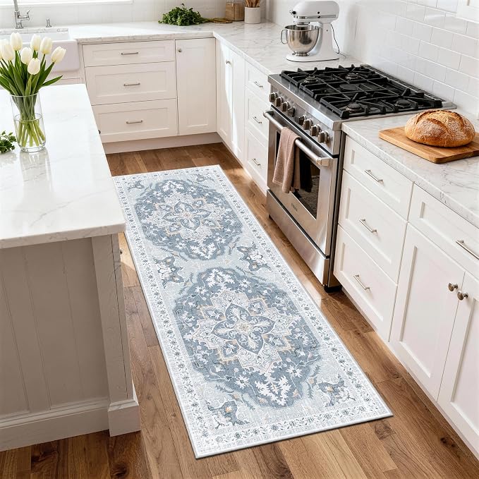 2x6 Runner Rug, Soft Non-Slip Vintage Medallion Rug, Low-Pile Printed Indoor Runners for Entryway, Hallways, Kitchen, Laundry Room, Bedside -Blue/Gray | Low-Pile Printed Indoor Runners for Entryway, Hallways, Kitchen, Laundry Room, Bedside