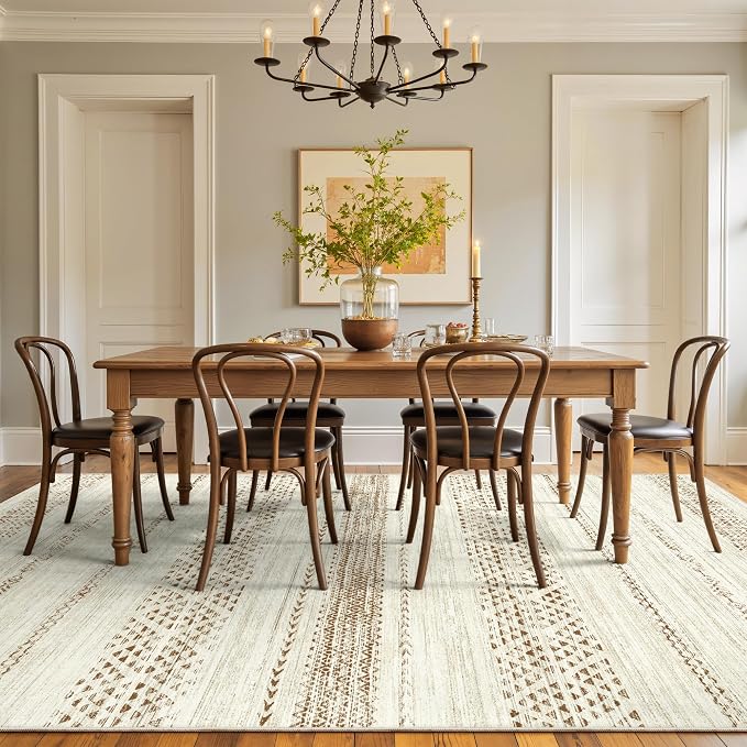 Miukiki 6x9 Area Rug for Living Room Moroccan Washable Rugs Non Slip Indoor Floor Carpet Foldable Large Soft Area Rug for Dining Room Bedroom with Low Pile(Brown,6'x9')