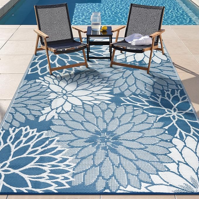 HUGEAR 6'x9' Outdoor Rug Waterproof Plastic Straw Rugs Blue Reversible Floral Mat Floor Carpet for Camping RV Deck Entryance Porch Picnic Balcony Beach Backyard