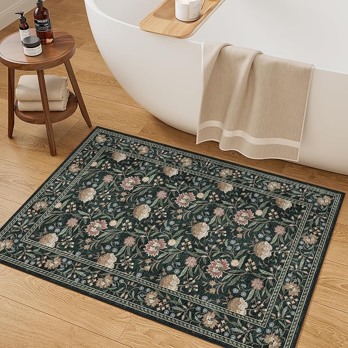 DUKINO 2x3 Rug, Washable Vintage Floral Bathroom Rugs Non Slip, Dark Green | Low Pile, Stain Resistant Boho Soft Indoor Door Mat, Small Front Door Carpet for Entryway Kitchen Laundry Bedroom Farmhouse