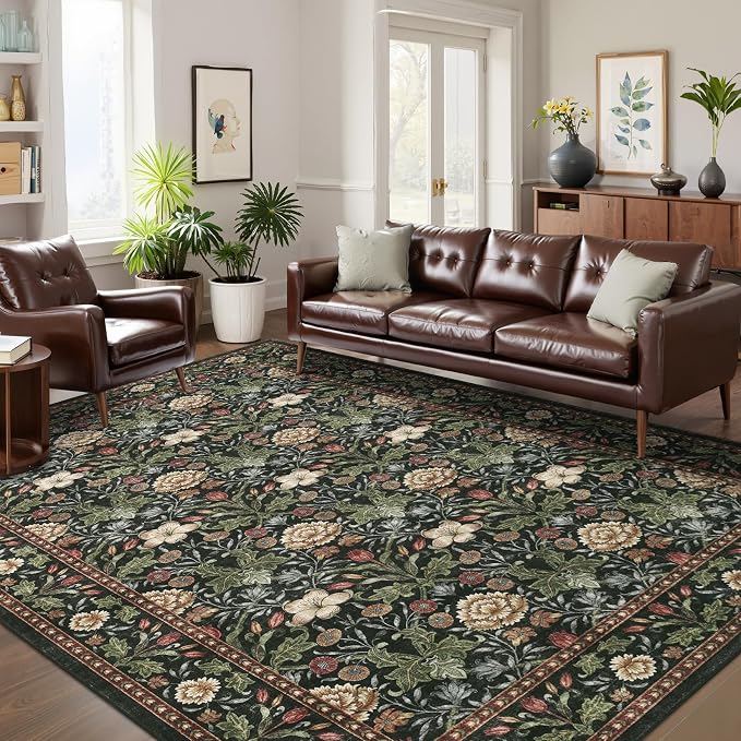 GarveeHome Area Rugs 8x10 for Living Room, Forest Green Floral Large Washable Rug Soft Non Slip Carpet Indoor Thin Accent Rug for Bedroom Dining Room Playroom Nursery Home Decor