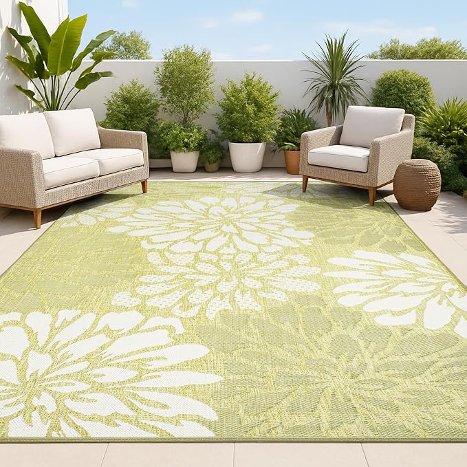 JONATHAN Y Floral Textured Weave Indoor Outdoor Area Rug 8X10 Green/Cream, Zinnia Modern for Backyard, Patio, Porch, Easy-Cleaning, High Traffic, Pet-Friendly, Non-Shedding (SMB110H-8)