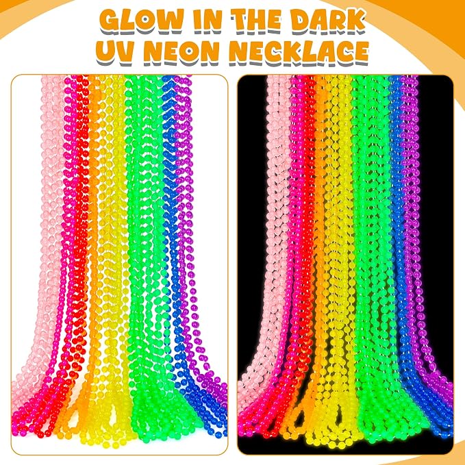 24PCS Glow in the Dark Bead Necklace, Metallic 8 Kinds of Color Light up Neon Mardi Gras Beads, 33" Light Costume Necklaces for Festival Parade Throw Accessories Wedding Birthday Party Favors Decor