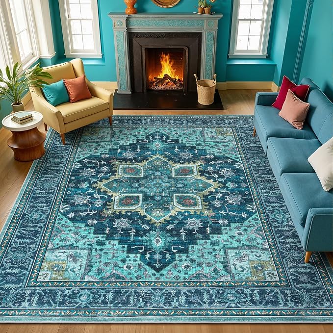 9x12 Turquoise Large Area Rugs for Living Room - Boho Teal Green Medallion Aesthetic Distressed Washable Rug, Soft Non-Slip Backing Low Pile Carpet for Dining Under Table, Bedroom, Office