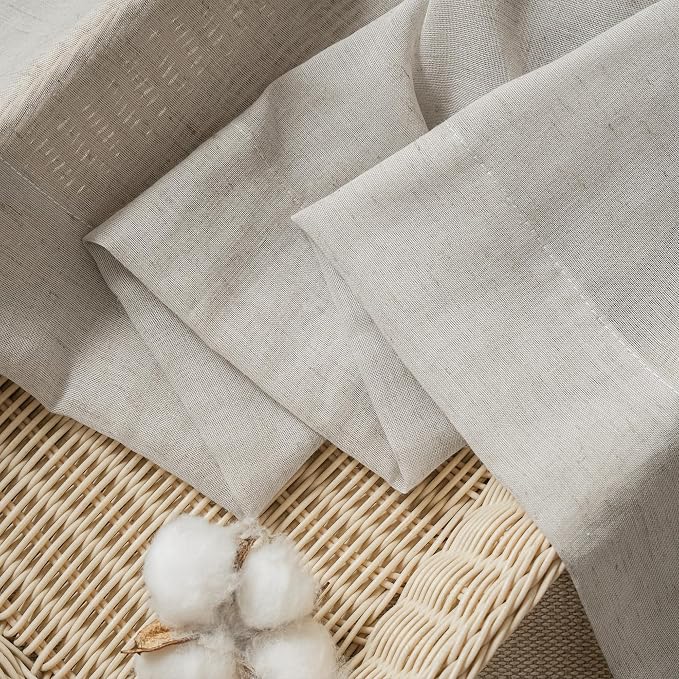 FMFUNCTEX Grey Flax Linen Sheer Curtains 63 Inch Long Rod Pocket 2 Panels | Semi Sheer Window Drapes Grey for Bedroom and Living Room, Farmhouse French Window Curtain Privacy