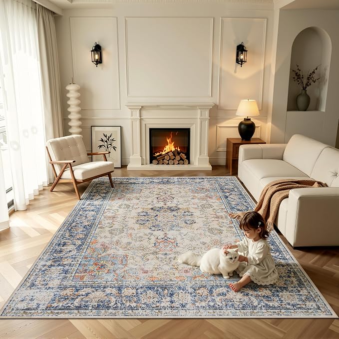 Ruaruarug Area Rug 8'×10', Non Slip Machine Washable Ultra Soft Stain & Fade Resistant, Pet & Kids Friendly, for Living Room/Bedroom/Kitchen/Classroom, Navy Brown