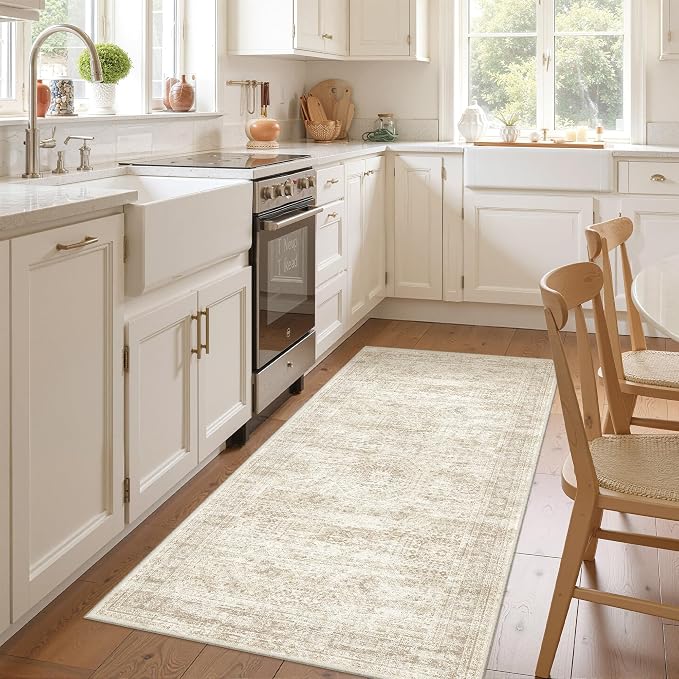 3x6 Runner Rug Non Slip,Washable Hallway Runner Rug,Beige | Neutral Rugs for Kitchen,Entryway,Bedroom,Bathroom,Nursery Room,Thin,Soft Runner Rug,Stain Resistant Indoor Carpet