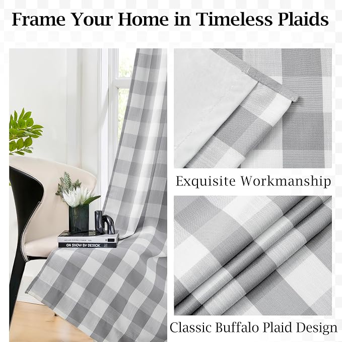 Grey White Buffalo Plaid Curtain Panels 90 Inches Length | Full Blackout Drapes for Bedroom Living Room,Modern Thermal Insulated Window Treatment,Rod Pocket Back Tabs,40"Wx90"Lx2