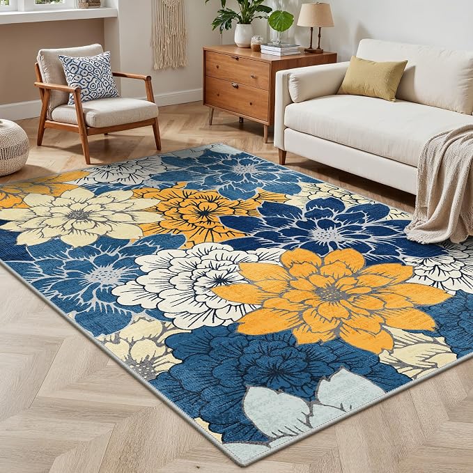 GENIMO 6x9 Outdoor Rug, Washable for Patio and Deck, Blue Yellow | Floral design for dining area; fade resistant chenille with quick-dry non-slip backing for indoor sunroom