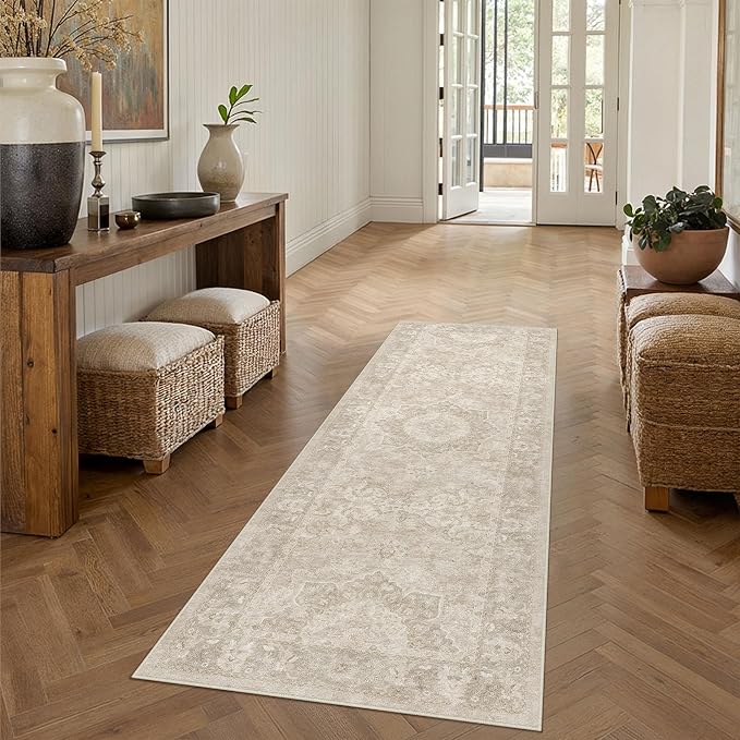 PureCozy 2x6 Washable Runner Rug Beige Vintage Oriental Medallion | Non Slip, Soft Low Pile, Hallway Carpet for Kitchen, Entryway, Laundry Room, Retro Decor