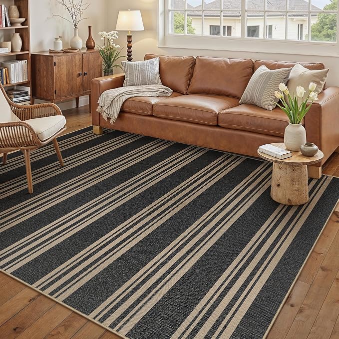 PureCozy Outdoor Rug 5x8 Washable Striped Jute Look Non Slip Carpet | Black and Tan Stripe Farmhouse Style, Indoor Outdoor Area Rug for Patio, Living Room, Dining Room, Non Shedding, Neutral Rugs