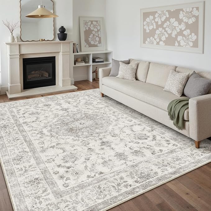 PureCozy 8x10 Area Rug Washable Gray Vintage Oriental Retro | Non Slip, Soft Low Pile, Indoor Carpet for Living Room, Bedroom, Dining Room, Neutral Decor
