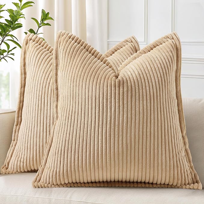 decorUhome Fall Corduroy Light Brown Throw Pillow Covers 16x16 Set of 2 | Couch Decorative Soft Modern Boho Farmhouse Pillow Covers Broadside Striped Pillow Cases for Living Room Bed Sofa