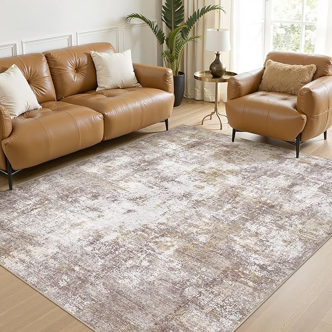7x9 Area Rug, Non Slip Low Pile Washable Large Rug for Living Room | Soft Modern Abstract Carpet, Stain Resistant Kid & Pet Friendly, Made for Dining Room, Nursery, Office Indoor - Gold Brown