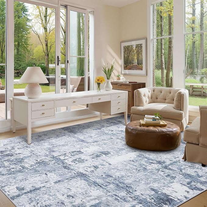 GarveeHome 10x14 Abstract Area Rugs Blue Washable Living Room Bedroom Rug | Abstract Low Pile Non Slip Rug Modern Floor Mat Carpet Indoor Accent Rug for Dining Room Playroom Nursery Home Decor