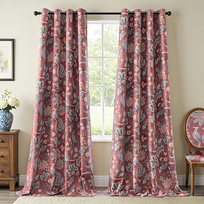 MYSKY HOME Terracotta Boho Floral Blackout Curtains 84 inch Long for Living Room Darkening Thermal Insulated Vintage Farmhouse Bedroom Curtain with Flower Bird Patterned Grommet Drape, 2 Pcs, 52"x 84"