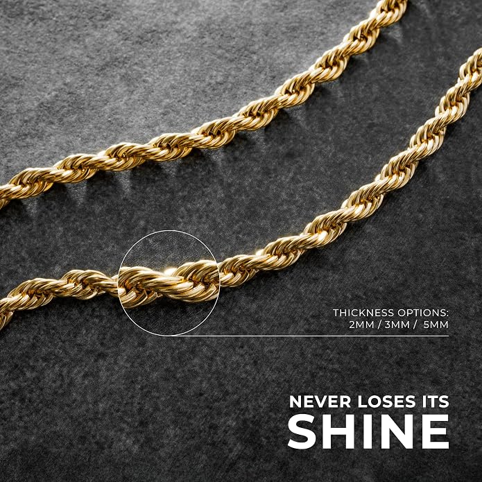 CRAFTD - Gold Rope Link Chain - Durable 18K Gold & 316L Stainless Steel - Waterproof, Heat & Sweat Resistant - Gifts for Men - Men's Jewelry