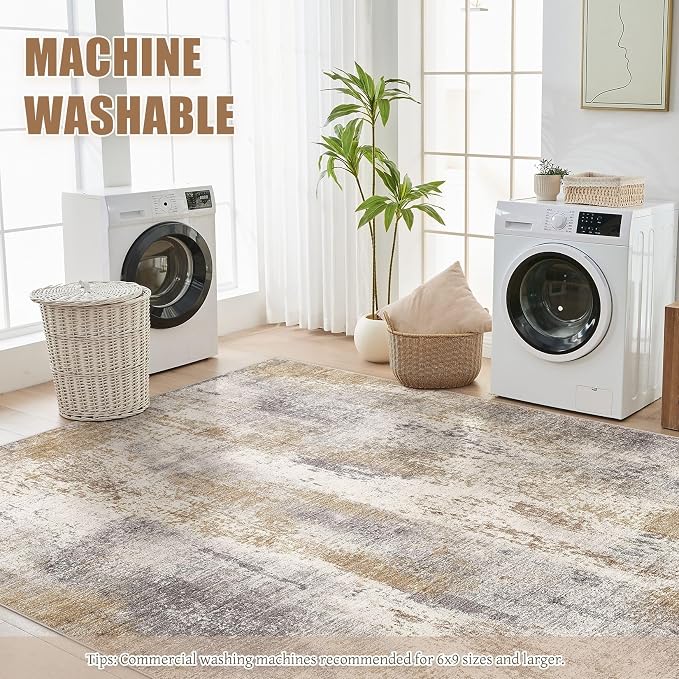 DMOYEST Area Rug Living Room Rugs - 10x12 Washable Large Soft Indoor Neutral Modern Abstract Low Pile Rug Carpet for Bedroom Dining Room Farmhouse Home Office - Brown Grey