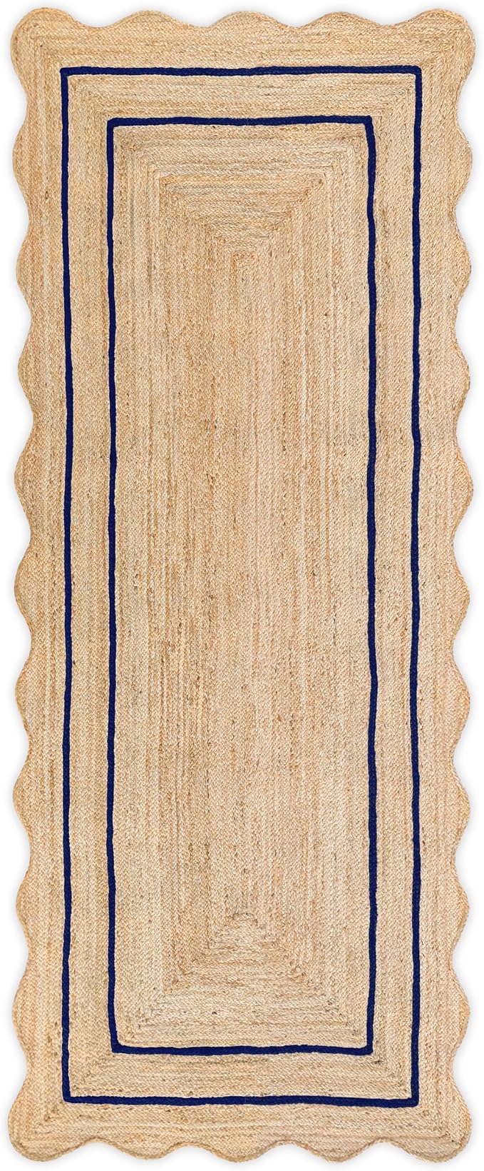 Wave Scalloped Natural Jute Rug - Boho Entryway Runner, Farmhouse Scallop, Navy (2'6"x12')