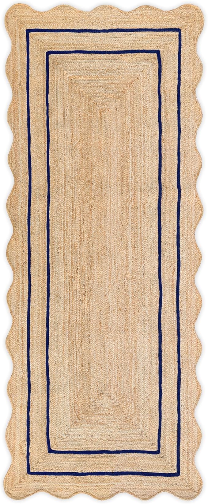 Wave Scalloped Natural Jute Rug Boho Jute Rug Entryway Runner Rug Farmhouse Scallop Rug, Navy (2'6"x18')