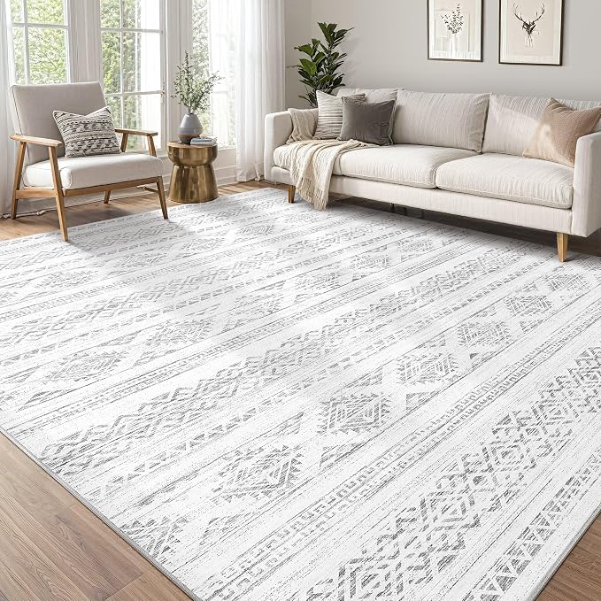 Tortania Area Rug Living Room Rugs - 10x14 Washable Large Soft Neutral Boho Moroccan Bohemian Farmhouse Rug Indoor Floor Carpet for Bedroom Under Dining Table Home Office Decor - Ivory Gray