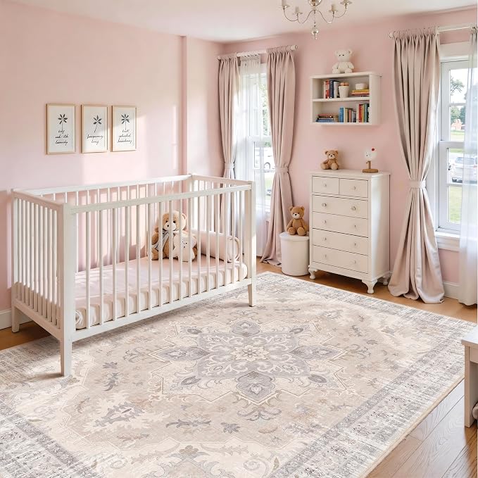 6x9 Bedroom Rug, 6x9 Area Rugs, Soft Non-Slip Vintage Medallion Rugs, Low-Pile Printed Washable Rug Carpet for Living Room, Bedroom, Kids Room, Nursery -Light Blush & Cream | 6x9 Bedroom Rug, Soft Low-Pile Printed Washable Rug Carpet for Living Room, B...
