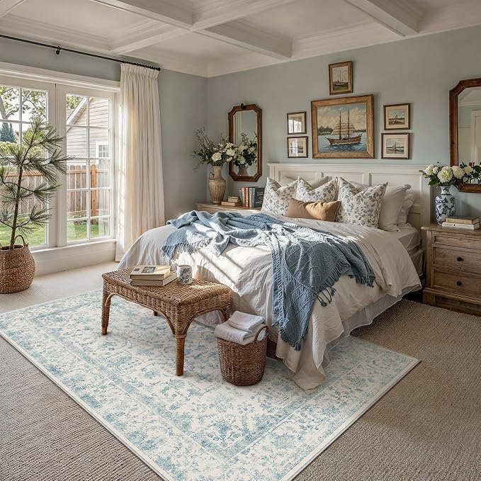 6x9 Blue Neutral Living Room Area Rug | Washable, Low Pile, Accent, Vintage, Soft, Non Slip, Carpet for Bedroom Dining Room Nursery Office Indoor Home Decor