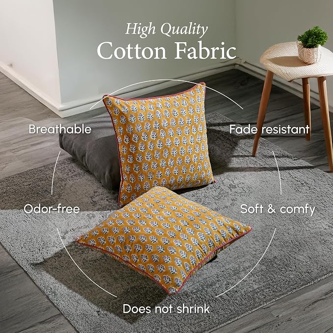 CPC 100% Cotton Throw Pillow Covers 24x24 Inch, Set of 2 Yellow Block Print Pattern Couch Pillow, Cute Boho Decorative Pillows for Living Room, Bedroom with Hidden Zipper- Yellow Citrine