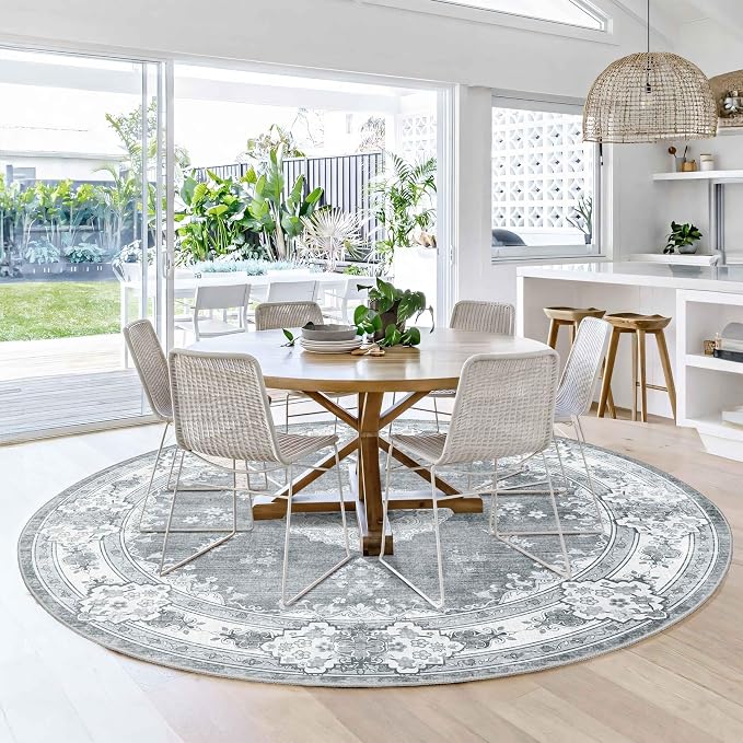 MUJOO Grey Round Rug 6ft,Circle Washable Area Rug Non Slip Low-Pile Floral | Large Circular Rugs for Bedroom Living Room Dining Room Boho Throw Carpet Soft Floor Indoor Vintage Bohemian Flowers