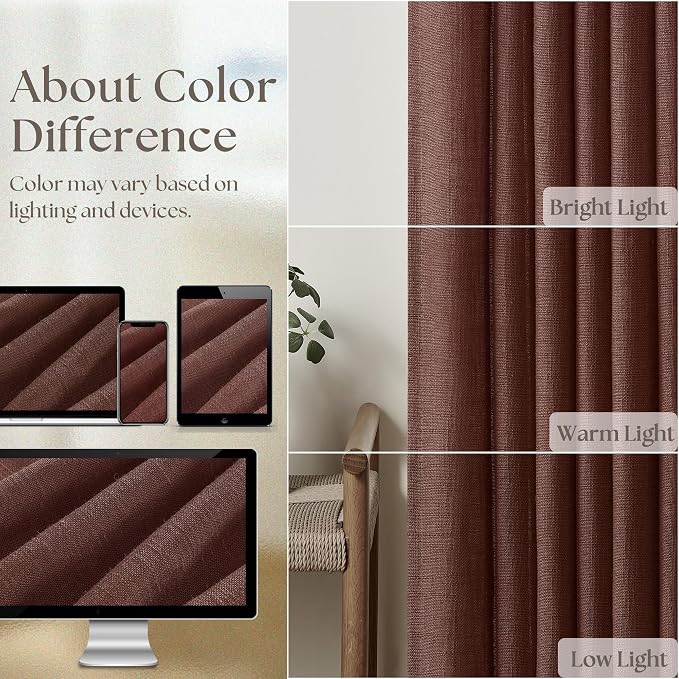 Chestnut Brown Pinch Pleated Linen Sheer Curtains 45 Inch Length 2 Panels | for Kitchen Small Bay Window Basement, Pinch Pleated with Hooks Rings Back Tab, Memory Shape, Thick Linen Semi Sheer, W40xL45
