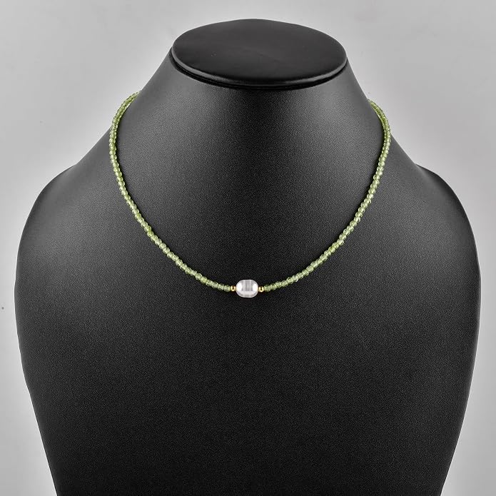 InfinityGemsArt Gemstone Gold Necklace For Women, Birthstone Natural Crystal Stone With Freshwater Pearl Beaded Jewelry, Gold Plated 18 Inch Chain