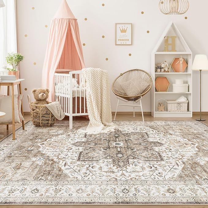 Tortania Area Rug Living Room Rugs - 12x15 Washable Boho Rug Vintage Oriental Distressed Farmhouse Large Thin Indoor Carpet for Living Room Bedroom Under Dining Table Home Office - Brown