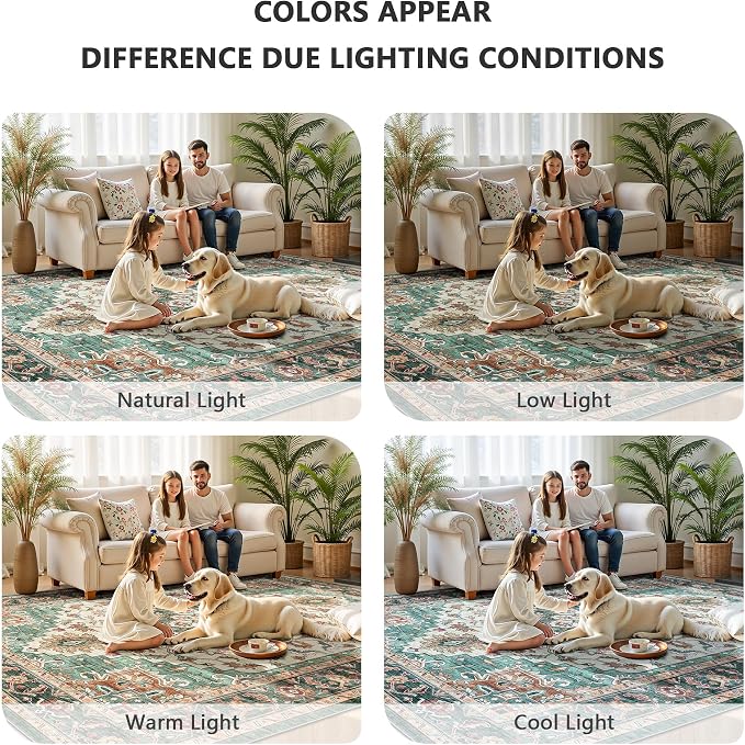 6x9 Area Rugs - Washable Rug Vintage Distress Boho Medallion Rugs for Living Room, Soft Non-Slip Backing Low Pile Carpet for Bedroom Dining Room Office Nursery Dorm Home, Green Brown
