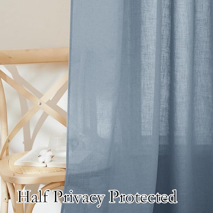 RYB HOME Blue Linen Sheer Curtains for Living Room Kids Room, Semi Transparent Elegant Flax Linen Texture Breathable Durability Decor 72 inch Length, W 52 x L 72 inches, Dusty Blue, 2 Panels