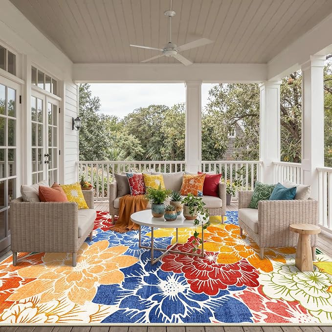 GENIMO 10x14 Outdoor Rug, Washable Quick Dry for Patio, Multicolor | Floral design for gazebo; lightweight chenille with quick-dry non-slip backing for indoor living spaces