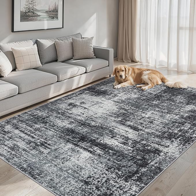 Area Rugs Living Room Rug - 4x6 Washable Modern Abstract Soft Neutral Non-Slip Carpet Large Indoor Floor Thin Carpets for Bedroom Dining Room Farmhouse Nursery Home Office Dark Black