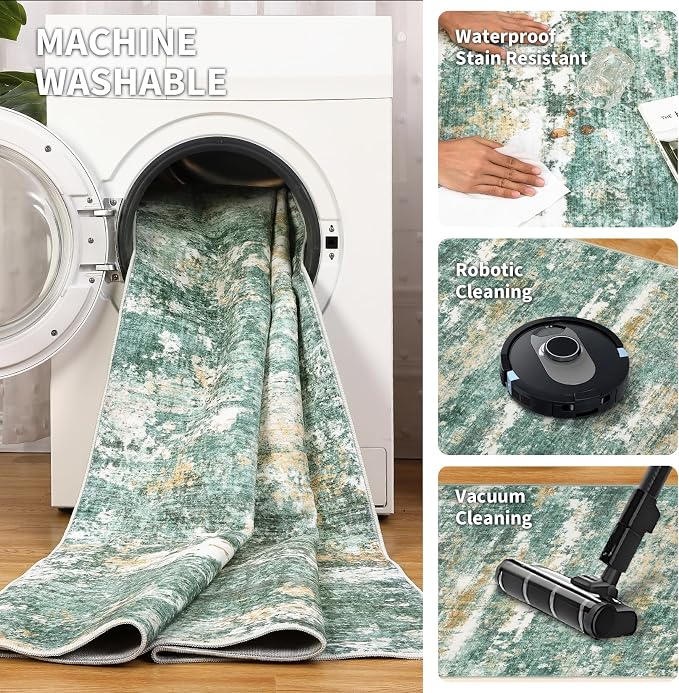 ROYHOME 9x12 Rugs for Bedroom Abstract Area Rugs Living Room Machine Washable Indoor Large Floor Carpet with Non Slip Backing Stain Resistant Green