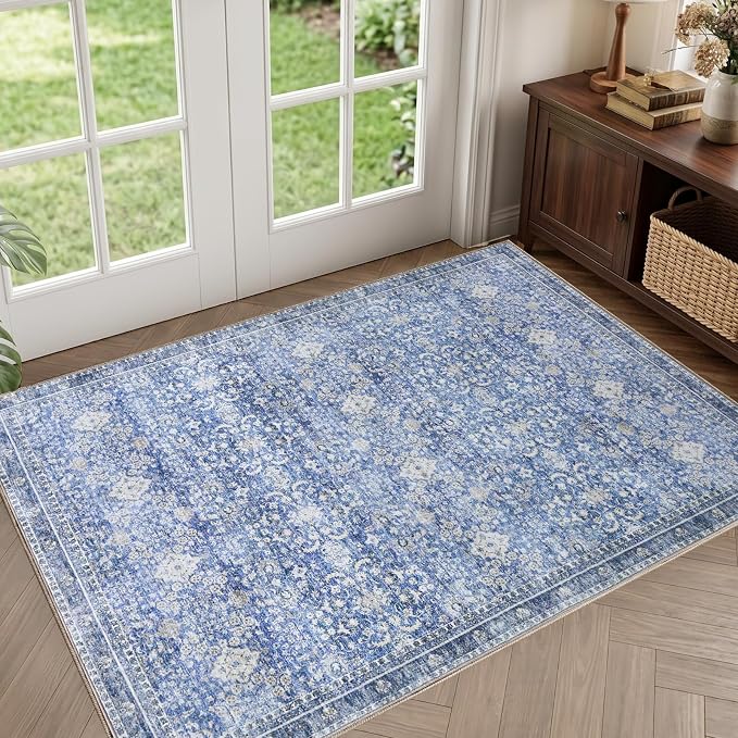 Sasttie 2x3 Rug, Ultra-Soft Washable Rug, Low Pile Foldable Thin Carpets with Non-Slip Backing, Skin-Friendly Stain Resistant Carpet for Living Room, Bedroom, Kitchen, Dorm, 2x3, Blue