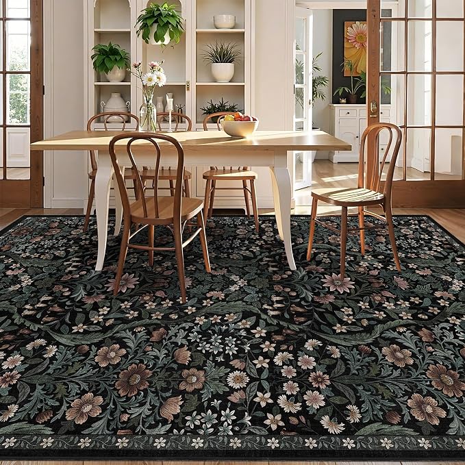 5×8 Black Washable Floral Area Rug,Vintage Boho Soft Low-Pile Living Room Rugs, Stain Resistant Botanical Non-Slip Carpet for Bedroom,Dining Room, Kids Nursery,Home Decor