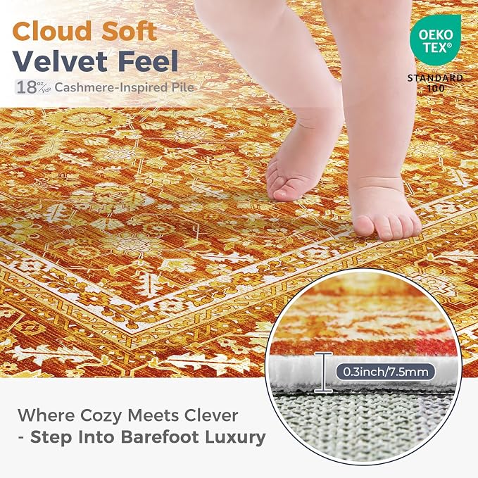 OPPODREAM Vintage Orange Area Rugs 9x12, 9 x 12 Retro Washable Rug Non Slip, Low-Pile Faux Wool Carpet, Distressed Floor Mat for Living Room, Bedroom, Office, Dorm, Dinning Room, Big & Large