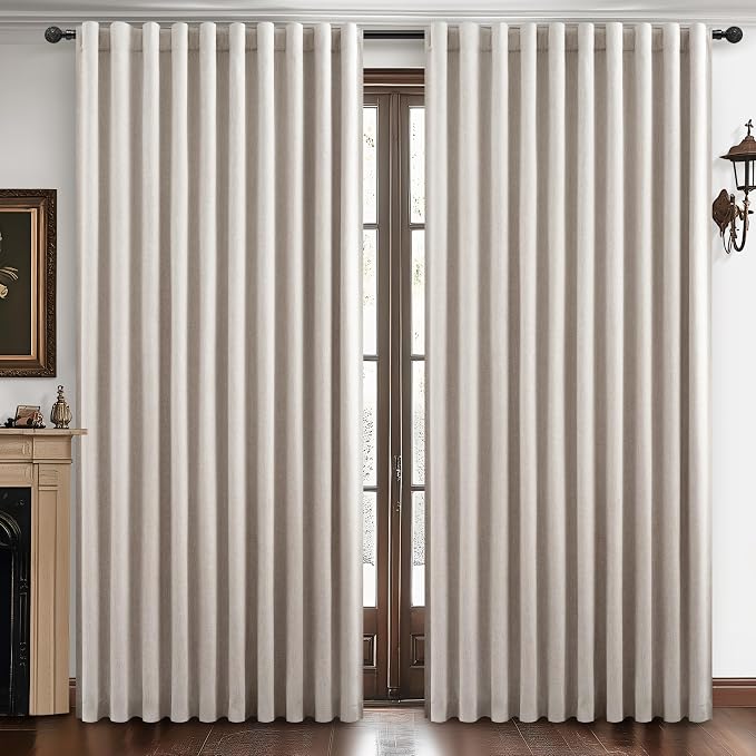 QJmydeco Curtains 60 Inch Length Wide Pleated Blackout Curtain for Sliding Glass Door/Living Room, Farmhouse Natural Linen Thick Boho Bedroom Heavy Insulated Large Window Drapes (60" Wx90 Lx2Panels)