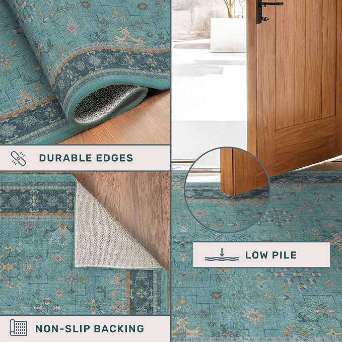Washable 3x8 Throw Rug for Hallway - Teal Green Rugs for Entryway Indoor, Bedroom Bedside, Mudroom, Boho Eclectic Modern Décor, Non Slip Low Pile Fade Resistant