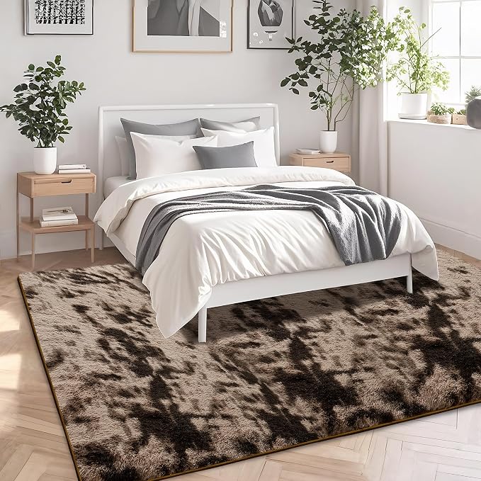 Tie-Dyed Brown Fluffy Shag Area Rug for Bedroom Living Room, 4x6 | Ultra Soft Comfy, Fuzzy Shaggy Plush Carpet for Kids Boys Girls Teen Dorm, Modern Indoor Home Decor, Upgrade Non-Slip