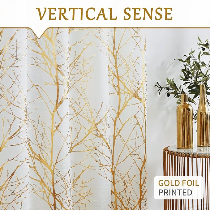 FMFUNCTEX Linen Gold White Semi Sheer Print Curtains 54 Inch Long 2 Panels | Metallic Branch Sheer Patterned Drapes, Light Filtering Grommet Panels for Modern Farmhouse Bedroom and Living Room Style
