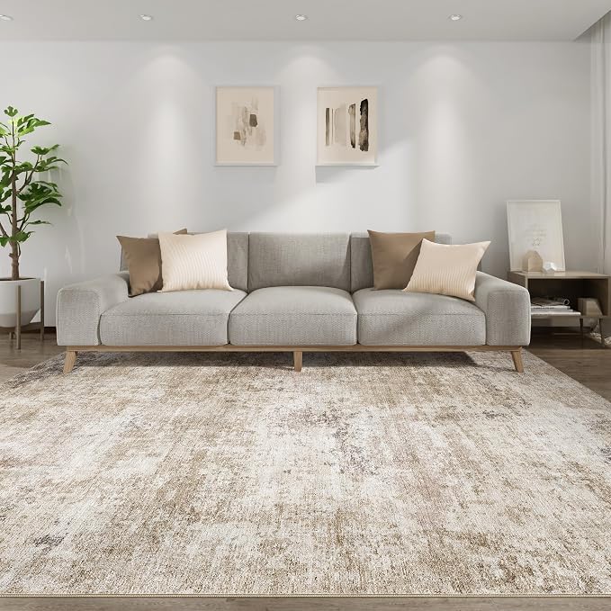 Abstract 5x7 Area Rug: Machine Washable Non Slip Ultra Thin Low-Pile Carpet, Soft Stain Resistant for Living Room Bedroom Nursery, Kid Pet Friendly, Robot Vacuum Compatible - Brown
