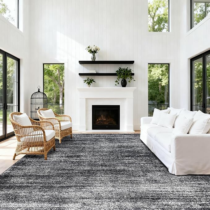 Black Area Rug 8x10 Abstract Soft Washable Rugs Hardwood Floor Protector | Boho Modern Neutral Design, for Living Room Bedroom, Low Pile Carpet 8 x 10, Large, Non Slip Rubber Backed, Floor Covering