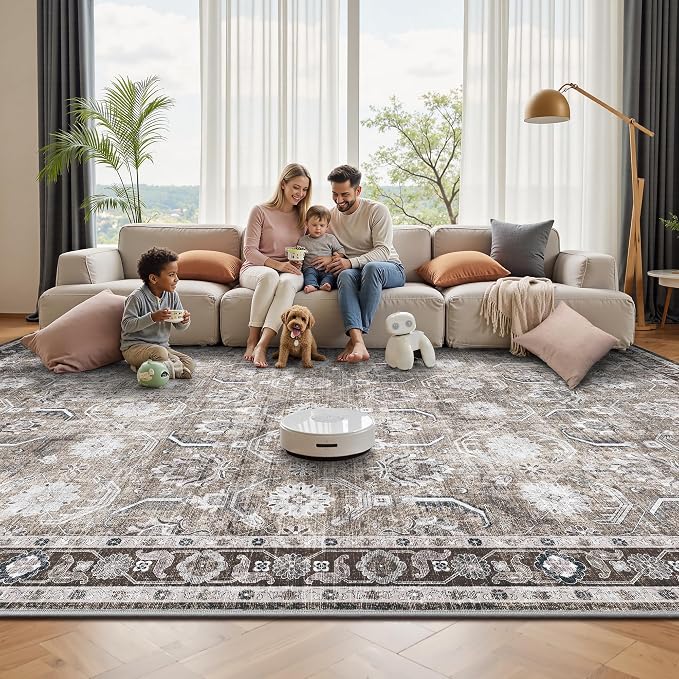 Living Room Rug 6x9, Soft Non Slip Low Pile Washable Rug, Boho Modern Area Rug for Bedroom, Dining Room, Brown